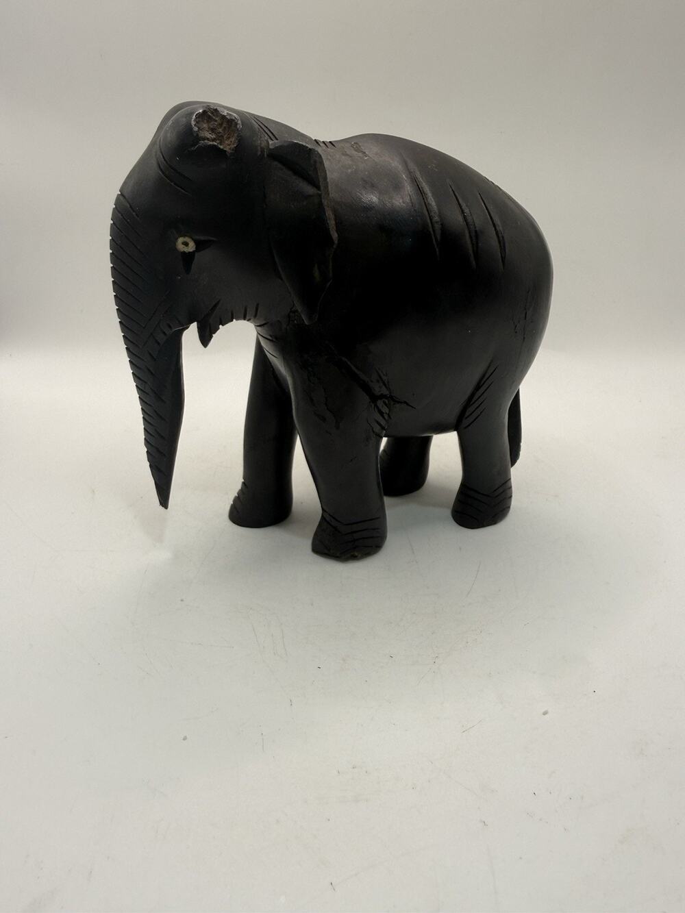 Vintage Hand Carved Dark Wood Elephant Figurine Asian Indian Decor 5.5” As Is *